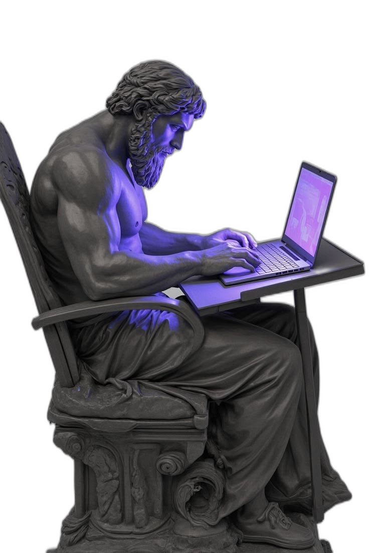 Estatua griega trabajando en una laptop